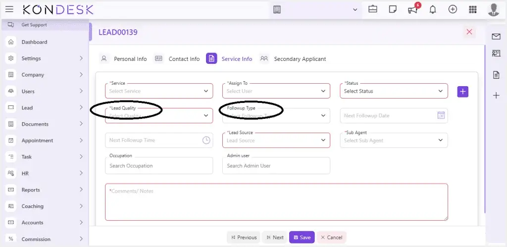 Service info in lead